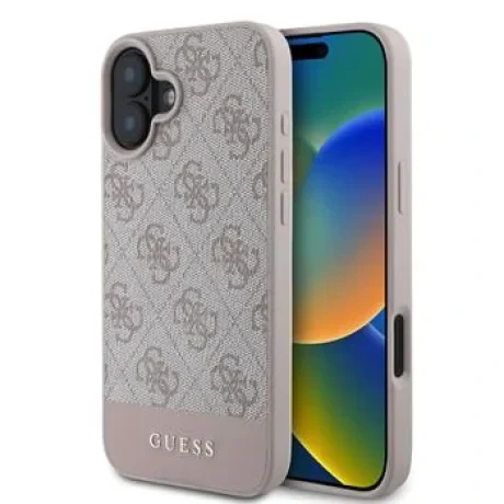 Husă spate Guess PU 4G cu dungi pentru iPhone 16, roz