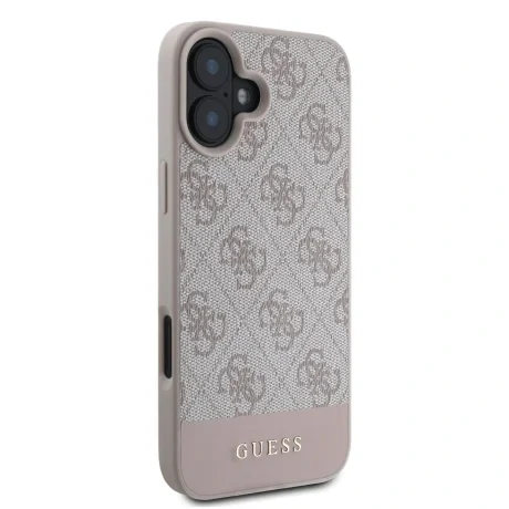 Husă spate Guess PU 4G cu dungi pentru iPhone 16, roz