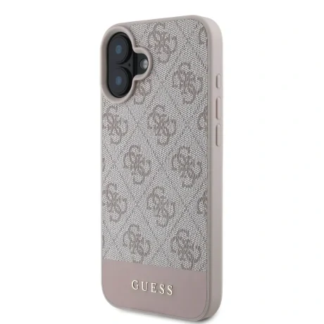 Husă spate Guess PU 4G cu dungi pentru iPhone 16, roz