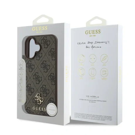 Husă spate Guess PU 4G cu logo metalic mic MagSafe pentru iPhone 16 Plus, maro