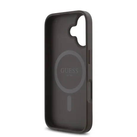 Husă spate Guess PU 4G cu logo metalic mic MagSafe pentru iPhone 16 Plus, maro