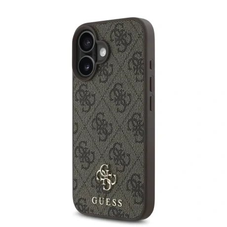 Husă spate Guess PU 4G cu logo metalic mic MagSafe pentru iPhone 16 Plus, maro