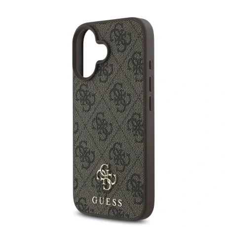 Husă spate Guess PU 4G cu logo metalic mic MagSafe pentru iPhone 16 Plus, maro