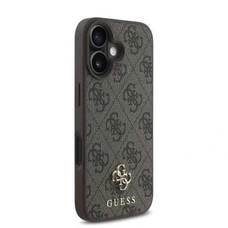 Husă spate Guess PU 4G cu logo metalic mic MagSafe pentru iPhone 16 Plus, maro