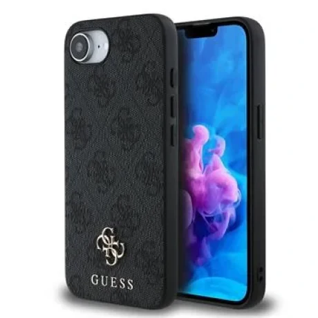 Husă spate Guess PU 4G cu logo metalic mic MagSafe pentru iPhone 16e/17e, gri