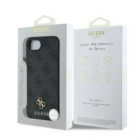 Husă spate Guess PU 4G cu logo metalic mic MagSafe pentru iPhone 16e/17e, gri