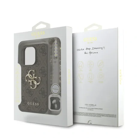 Husă spate Guess PU 4G cu logo metalic pentru iPhone 15 Pro Max, maro
