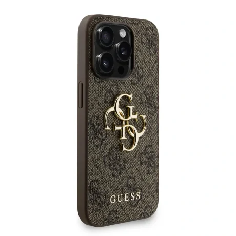 Husă spate Guess PU 4G cu logo metalic pentru iPhone 15 Pro Max, maro