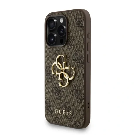 Husă spate Guess PU 4G cu logo metalic pentru iPhone 15 Pro Max, maro