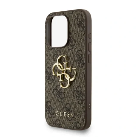 Husă spate Guess PU 4G cu logo metalic pentru iPhone 15 Pro Max, maro