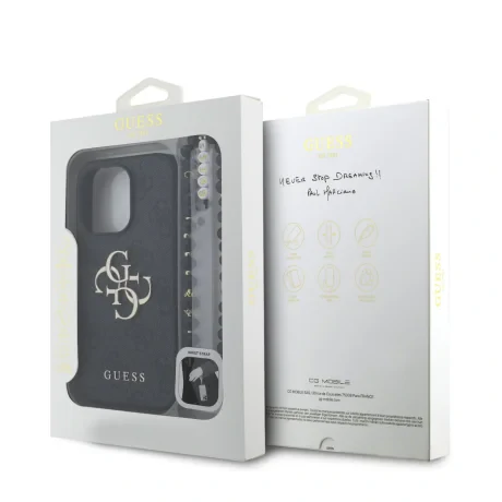 Husă spate Guess PU 4G cu logo metalic pentru iPhone 15 Pro Max, neagră