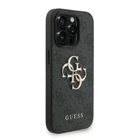 Husă spate Guess PU 4G cu logo metalic pentru iPhone 15 Pro Max, neagră