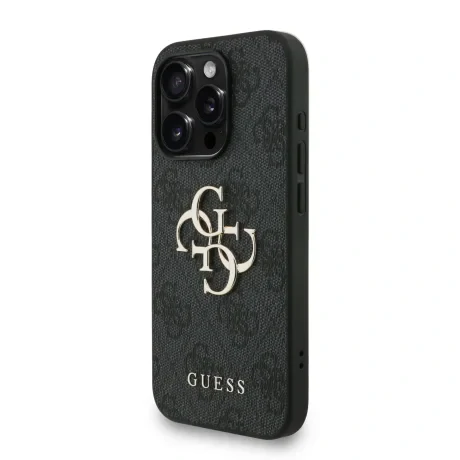 Husă spate Guess PU 4G cu logo metalic pentru iPhone 15 Pro Max, neagră