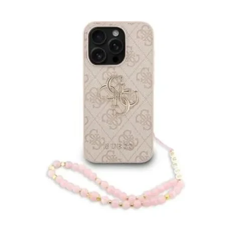 Husă spate Guess PU 4G cu logo metalic pentru iPhone 15 Pro Max, roz