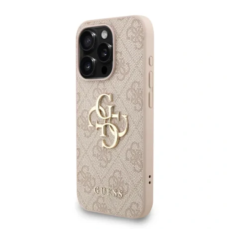 Husă spate Guess PU 4G cu logo metalic pentru iPhone 15 Pro Max, roz