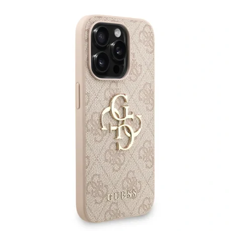 Husă spate Guess PU 4G cu logo metalic pentru iPhone 15 Pro Max, roz