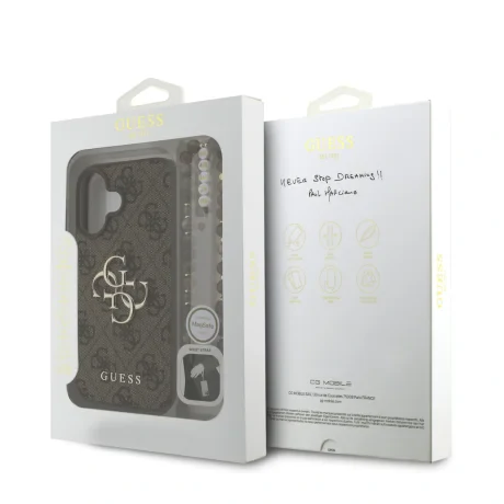 Husă spate Guess PU 4G cu logo metalic pentru iPhone 16, maro