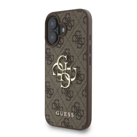 Husă spate Guess PU 4G cu logo metalic pentru iPhone 16, maro