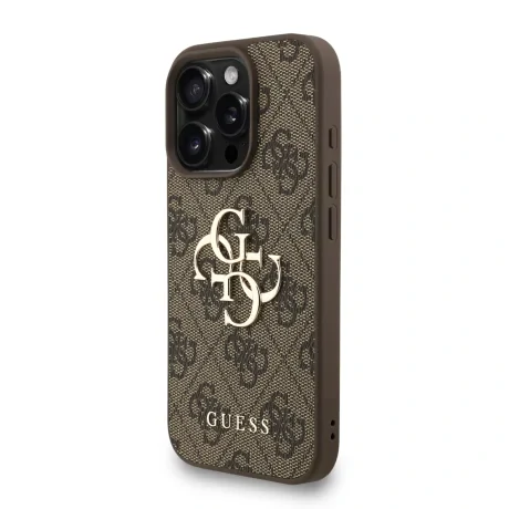 Husă spate Guess PU 4G cu logo metalic pentru iPhone 16 Pro, maro