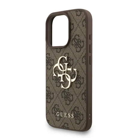 Husă spate Guess PU 4G cu logo metalic pentru iPhone 16 Pro, maro