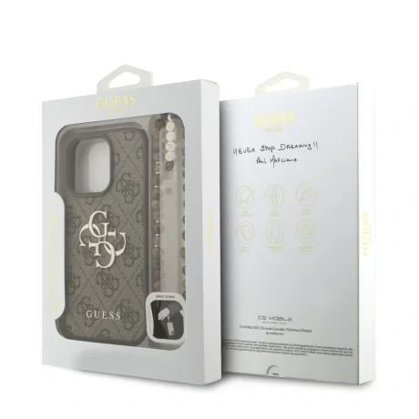Husă spate Guess PU 4G cu logo metalic pentru iPhone 16 Pro, maro
