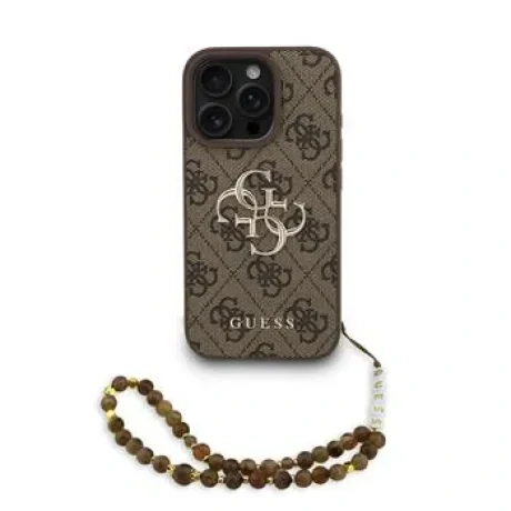 Husă spate Guess PU 4G cu logo metalic pentru iPhone 16 Pro Max, maro