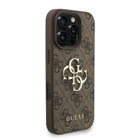 Husă spate Guess PU 4G cu logo metalic pentru iPhone 16 Pro Max, maro