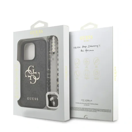 Husă spate Guess PU 4G cu logo metalic pentru iPhone 16 Pro Max, neagră
