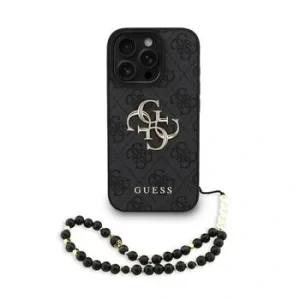 Husă spate Guess PU 4G cu logo metalic pentru iPhone 16 Pro Max, neagră