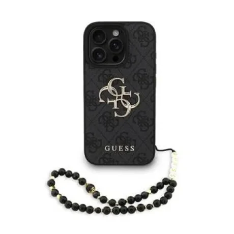 Husă spate Guess PU 4G cu logo metalic pentru iPhone 16 Pro Max, neagră