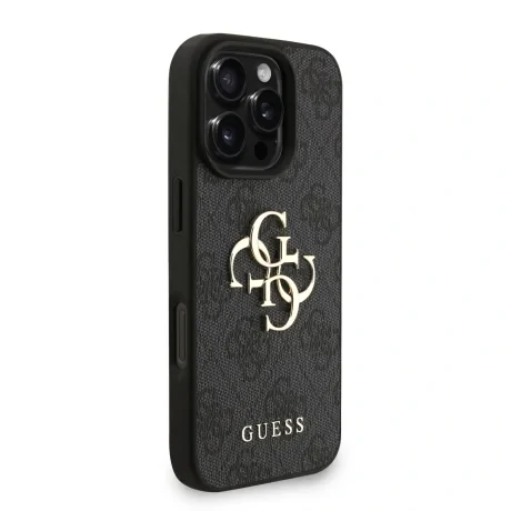 Husă spate Guess PU 4G cu logo metalic pentru iPhone 16 Pro Max, neagră