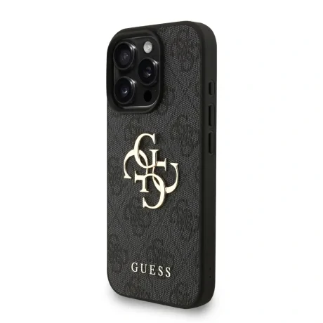Husă spate Guess PU 4G cu logo metalic pentru iPhone 16 Pro Max, neagră