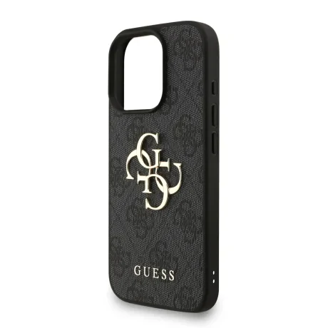 Husă spate Guess PU 4G cu logo metalic pentru iPhone 16 Pro Max, neagră
