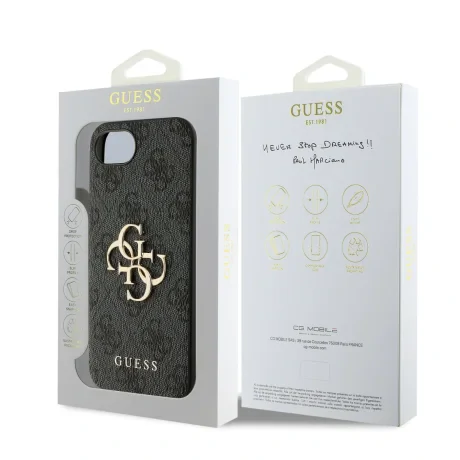 Husă spate Guess PU 4G cu logo metalic pentru iPhone 16e/17e, gri