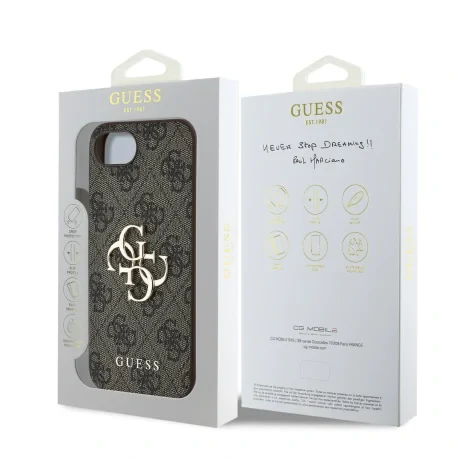 Husă spate Guess PU 4G cu logo metalic pentru iPhone 16e/17e, maro