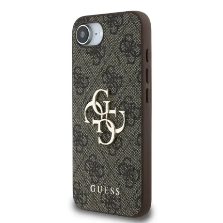 Husă spate Guess PU 4G cu logo metalic pentru iPhone 16e/17e, maro