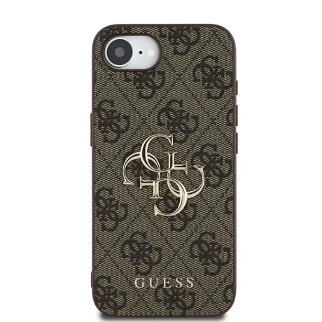 Husă spate Guess PU 4G cu logo metalic pentru iPhone 16e/17e, maro
