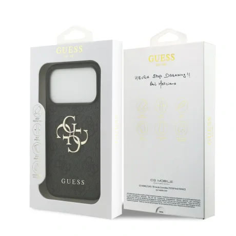 Husă spate Guess PU 4G cu logo metalic pentru iPhone 17 Pro, gri