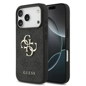 Husă spate Guess PU 4G cu logo metalic pentru iPhone 17 Pro, gri