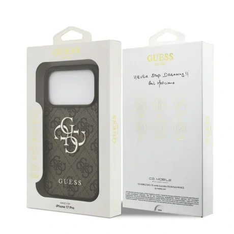 Husă spate Guess PU 4G cu logo metalic pentru iPhone 17 Pro, maro