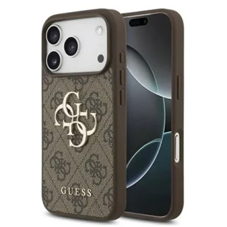 Husă spate Guess PU 4G cu logo metalic pentru iPhone 17 Pro, maro