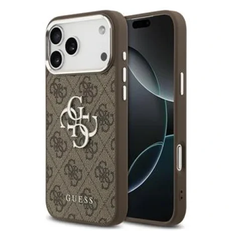 Husa spate Guess PU 4G cu logo metalic pentru iPhone 17 Pro Max, argintiu-maro