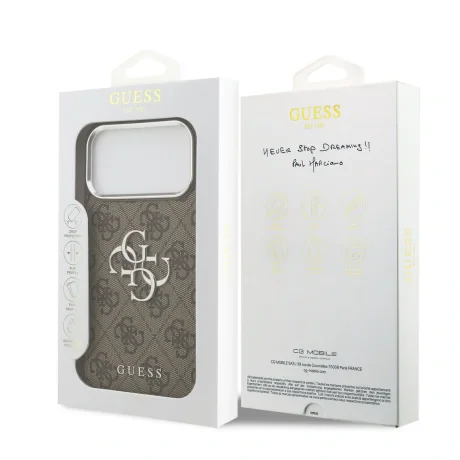 Husa spate Guess PU 4G cu logo metalic pentru iPhone 17 Pro Max, argintiu-maro