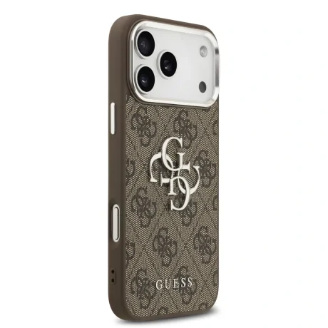 Husa spate Guess PU 4G cu logo metalic pentru iPhone 17 Pro Max, argintiu-maro