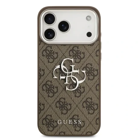 Husa spate Guess PU 4G cu logo metalic pentru iPhone 17 Pro Max, argintiu-maro