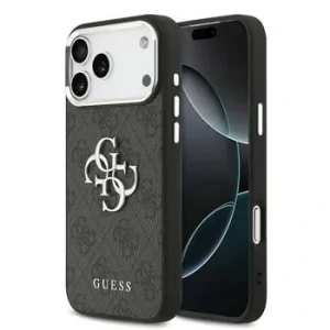Husa spate Guess PU 4G cu logo metalic pentru iPhone 17 Pro Max, argintiu și negru