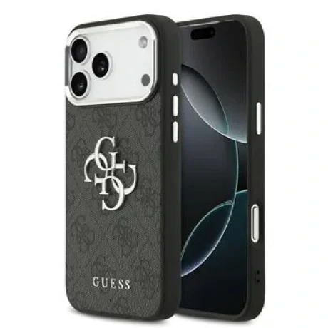 Husa spate Guess PU 4G cu logo metalic pentru iPhone 17 Pro Max, argintiu și negru