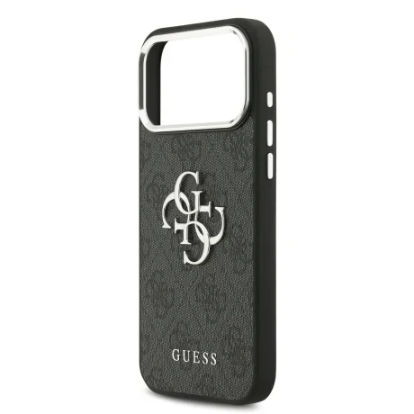 Husa spate Guess PU 4G cu logo metalic pentru iPhone 17 Pro Max, argintiu și negru