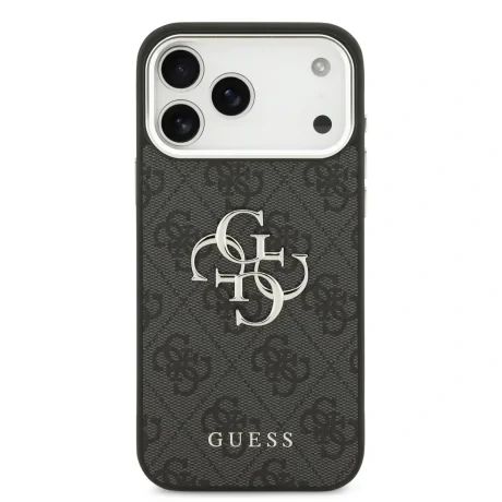Husa spate Guess PU 4G cu logo metalic pentru iPhone 17 Pro Max, argintiu și negru