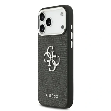 Husa spate Guess PU 4G cu logo metalic pentru iPhone 17 Pro Max, argintiu și negru